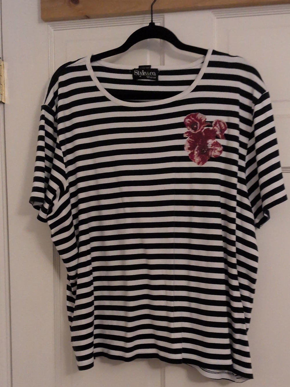 Style & Co. Black & White Striped Short-Sleeve Tee with Wine Floral Patch